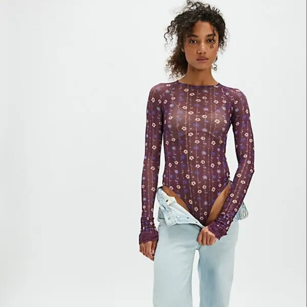 Free People Purple Floral Sheer Long Sleeve Bodysuit